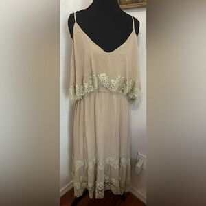 Gold Hawk Silk Cami Cold Shoulder Lace Trim Slip Beige Midi Dress - Size Medium